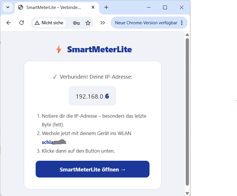 Verbunden – IP-Adresse und Button zum Öffnen