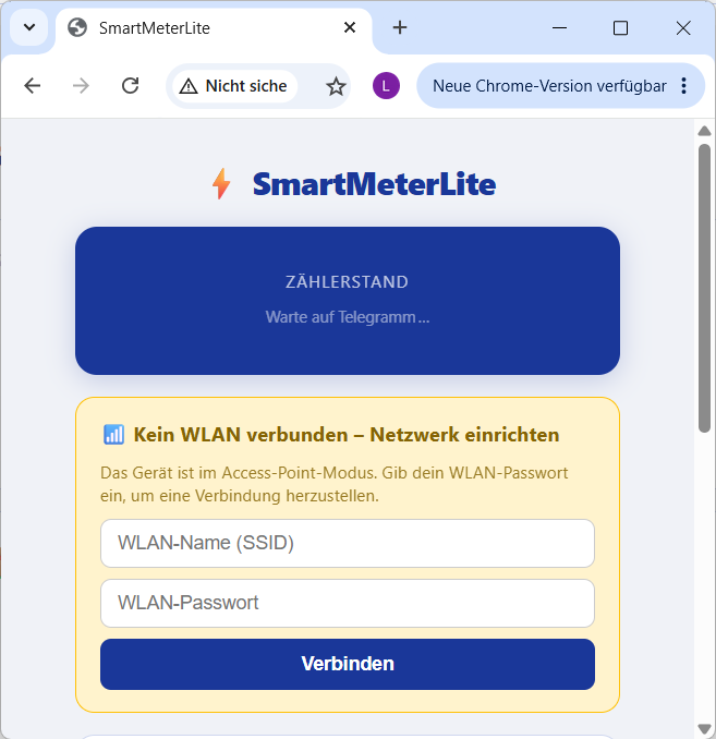 Einrichtungsseite: WLAN-Name und WLAN-Passwort eingeben